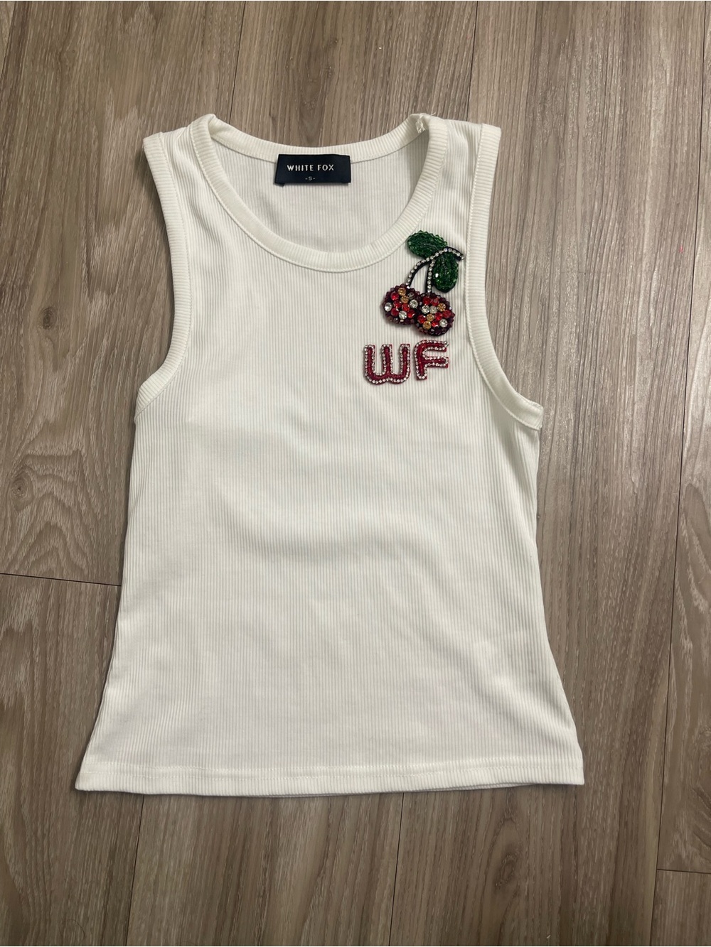 White Fox Boutique Cream Ribbed Tank with Beaded Cherry Patch